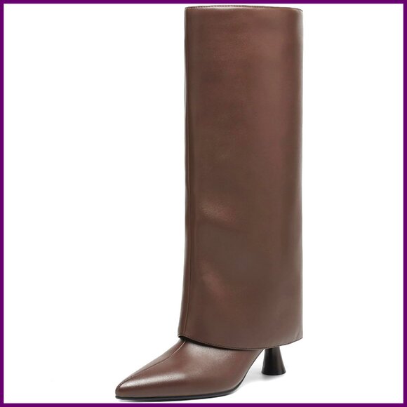 Knee High Fold Over Boots Slouchy Pointed Toe Faux Leather Dress Boots